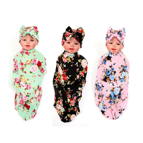 Newborn Baby Cute Flower Print Blanket Bowknot Headband Set Newborn Sleeping Swaddle Wrap Hairband Casual Accessories